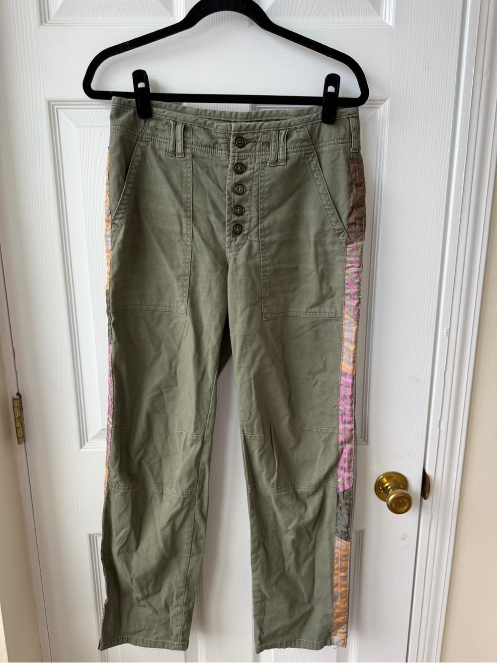 Anthropologie The Wanderer Olive Cargo Pants -Patchwork Side Stripe - Size 28